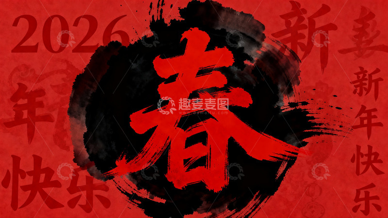 高清大图下载【趣麦麦图】红色背景新年书法艺术