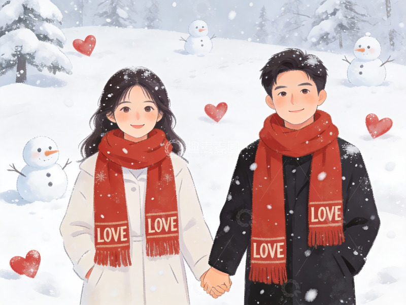 高清大图下载【趣麦麦图】雪中情侣牵手温馨场景