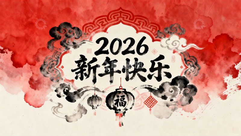 高清大图下载【趣麦麦图】2026新年快乐水墨风格海报