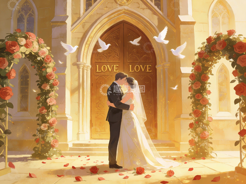 高清大图下载【趣麦麦图】教堂前新人亲吻场景
