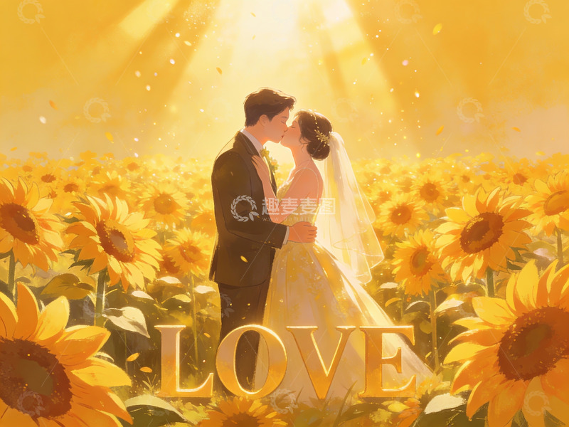 高清大图下载【趣麦麦图】向日葵花田中的新人拥抱
