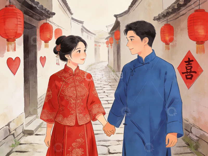 高清大图下载【趣麦麦图】传统服饰情侣巷中牵手