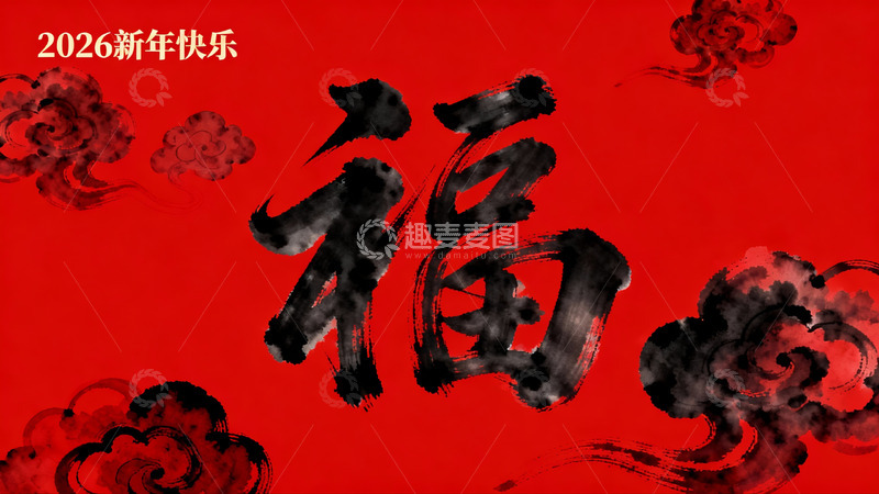 高清大图下载【趣麦麦图】红色背景福字新年祝福图