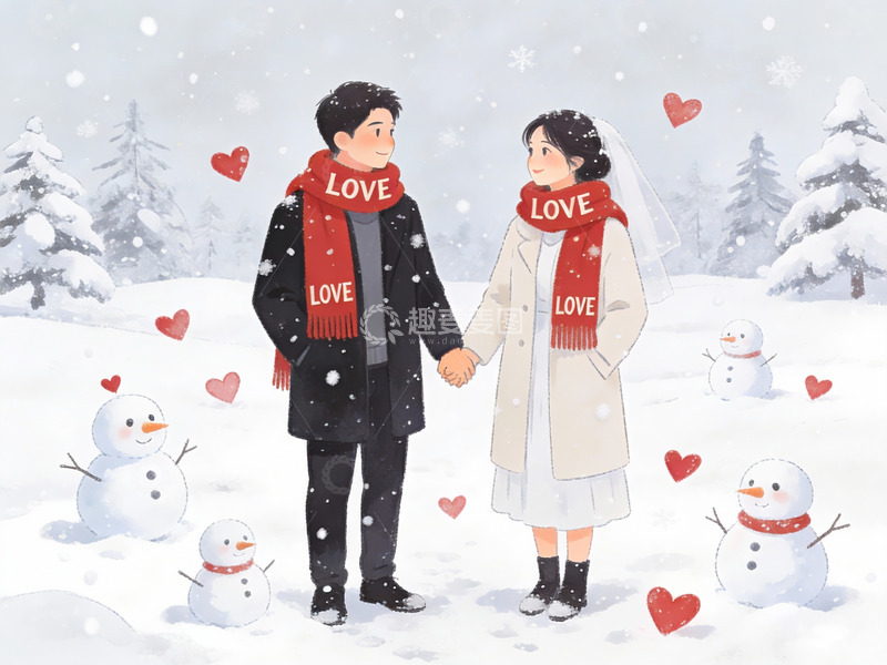 高清大图下载【趣麦麦图】雪中情侣牵手温馨场景