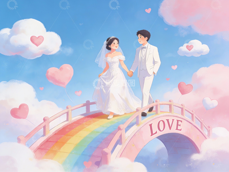 高清大图下载【趣麦麦图】新人携手彩虹桥上