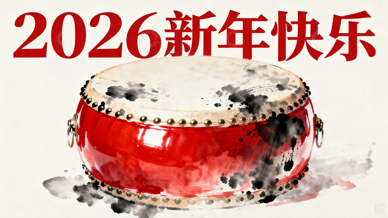 高清大图下载【趣麦麦图】新年快乐红色大鼓水墨画