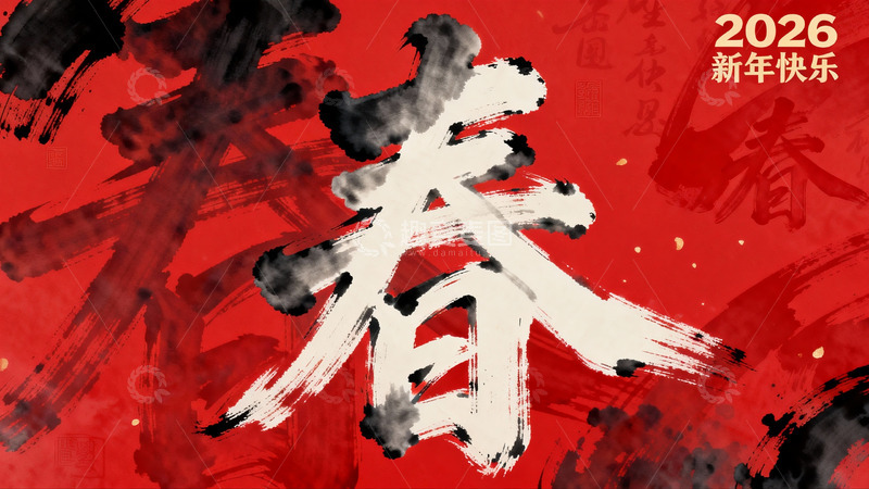 高清大图下载【趣麦麦图】红色背景书法春字新年祝福