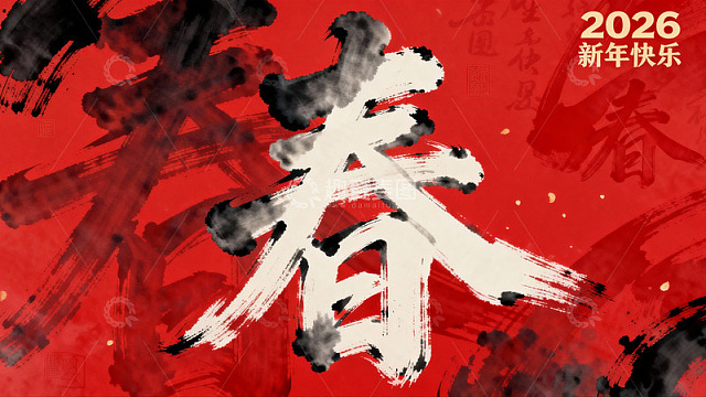 红色背景书法春字新年祝福