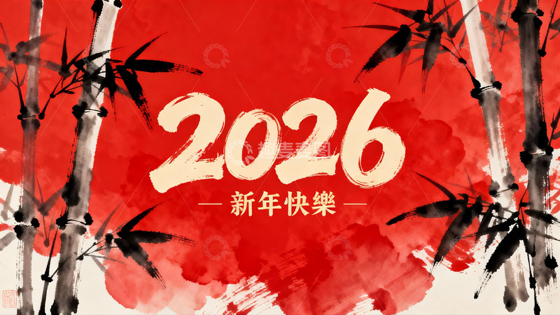 高清大图下载【趣麦麦图】红色背景竹子新年祝福图