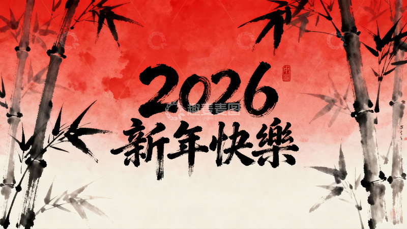 高清大图下载【趣麦麦图】2026新年快乐竹子水墨画
