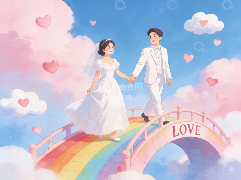高清大图下载【趣麦麦图】新人牵手彩虹桥上