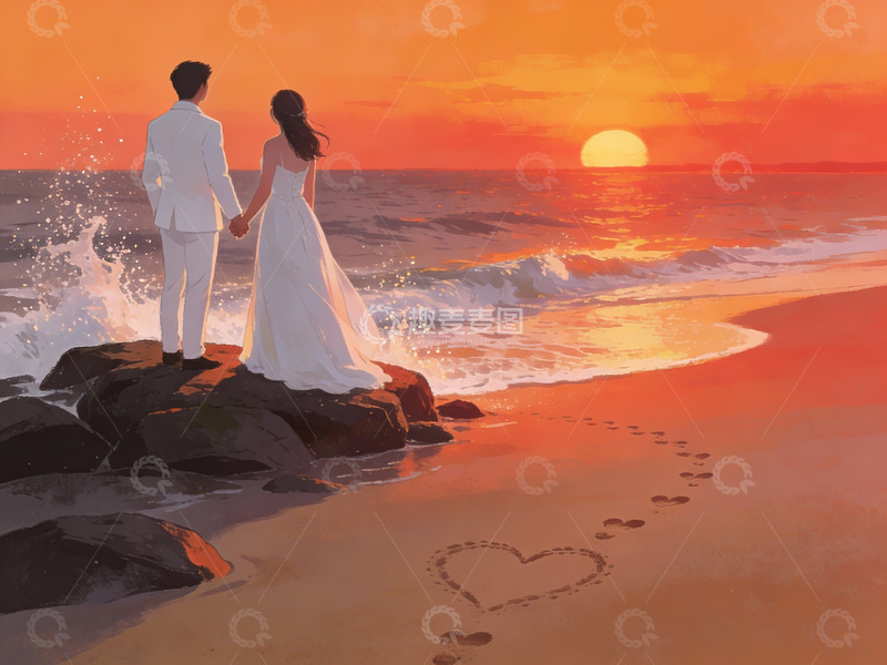 高清大图下载【趣麦麦图】情侣海边日落牵手