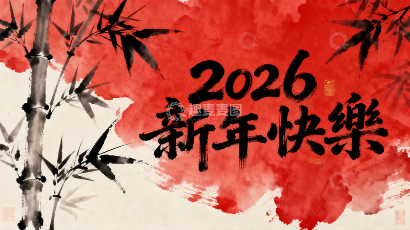 高清大图下载【趣麦麦图】新年快乐水墨竹子贺图