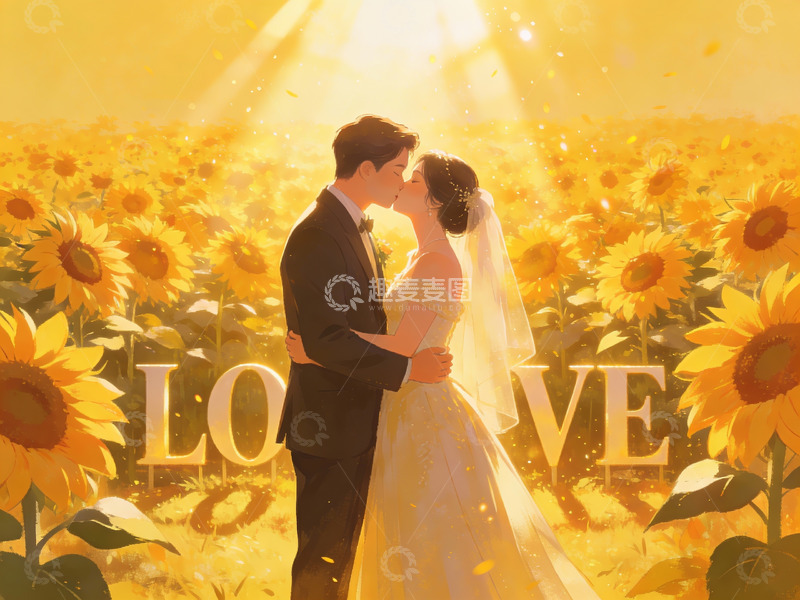 高清大图下载【趣麦麦图】向日葵花田中的婚礼拥抱