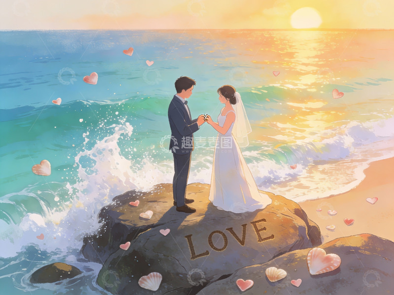 高清大图下载【趣麦麦图】海边婚礼新人牵手画面