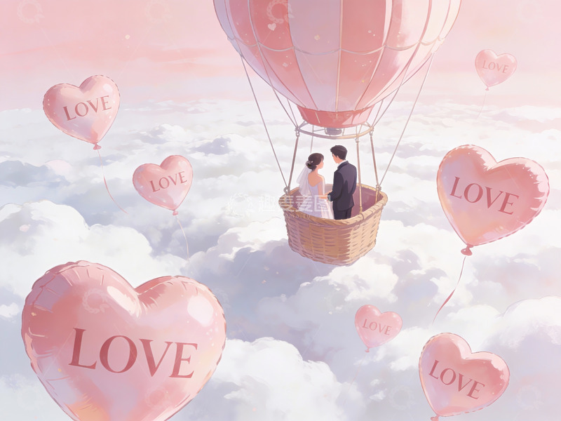 高清大图下载【趣麦麦图】情侣乘热气球飘浮云间