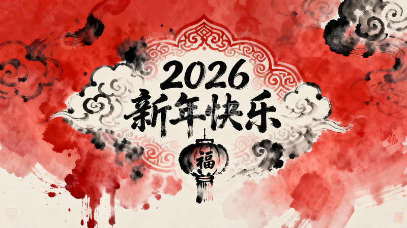 高清大图下载【趣麦麦图】2026新年快乐水墨画设计