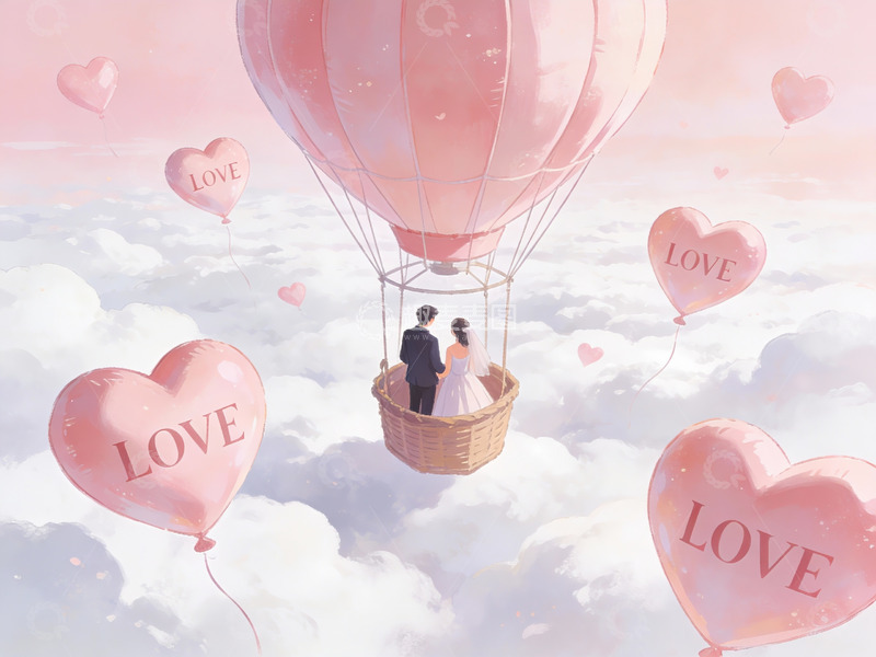 高清大图下载【趣麦麦图】情侣乘热气球飘浮云间