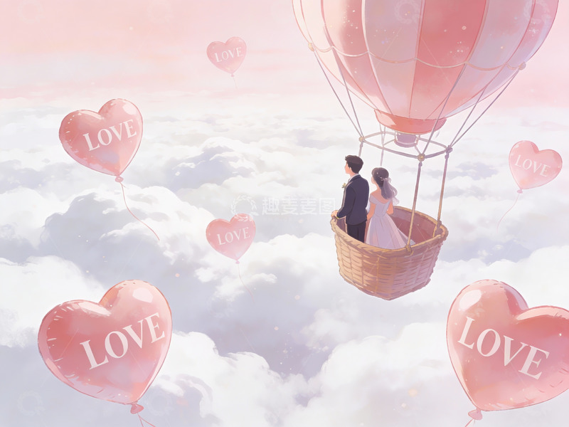 高清大图下载【趣麦麦图】热气球上的情侣与爱心气球