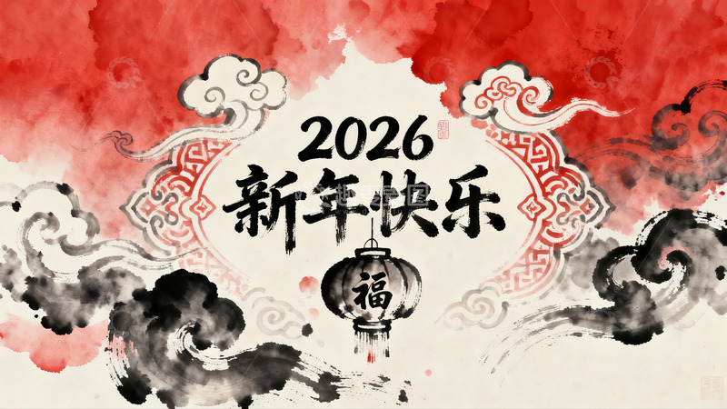 高清大图下载【趣麦麦图】2026新年快乐水墨画