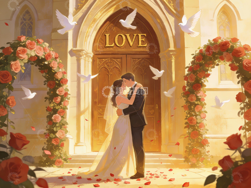 高清大图下载【趣麦麦图】新人在教堂门前相拥