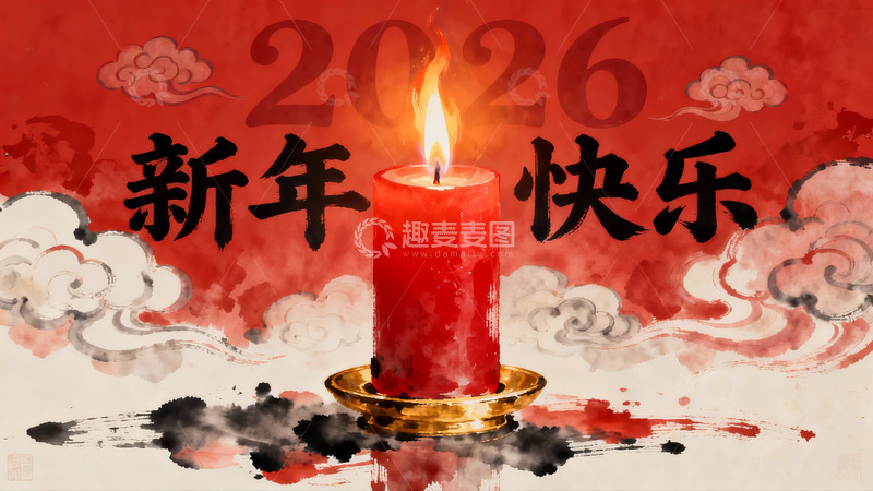高清大图下载【趣麦麦图】新年快乐红色蜡烛祈福图