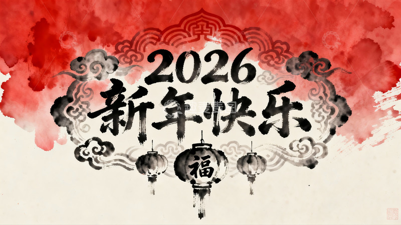 高清大图下载【趣麦麦图】2026新年快乐水墨灯笼图