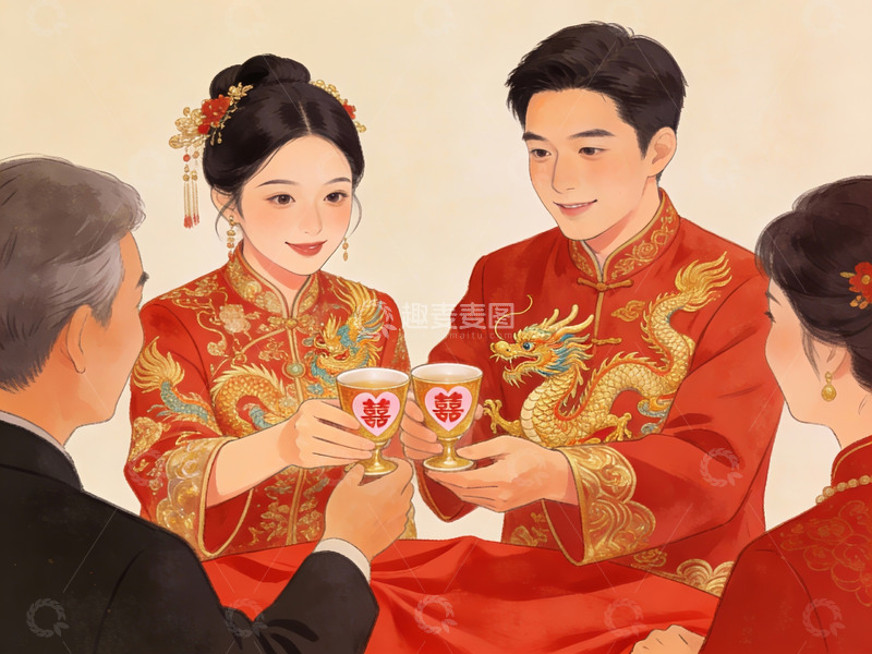 高清大图下载【趣麦麦图】新人敬茶传统婚礼场景