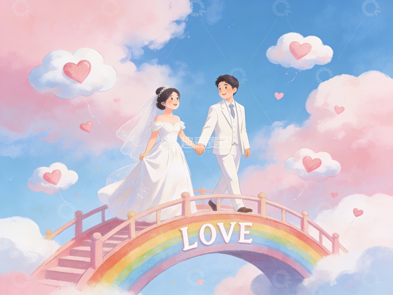 高清大图下载【趣麦麦图】新人携手走过彩虹桥