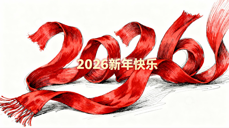 高清大图下载【趣麦麦图】红色丝带艺术字新年祝福