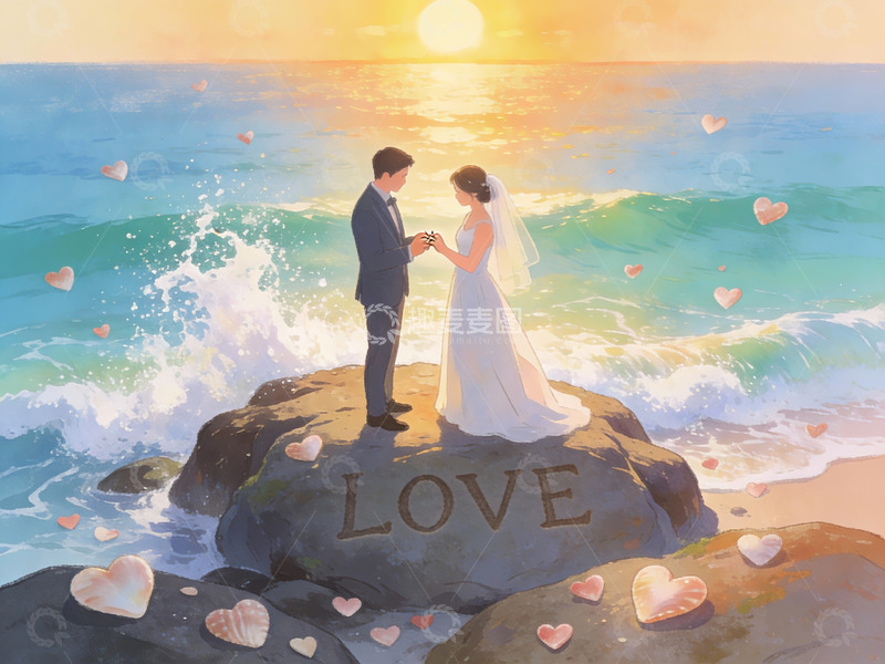 高清大图下载【趣麦麦图】海边婚礼情侣牵手画面