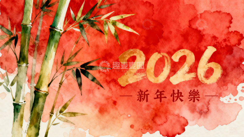 高清大图下载【趣麦麦图】新年快乐2026竹子水彩画