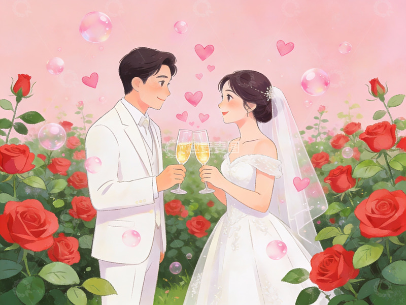 高清大图下载【趣麦麦图】新人在玫瑰园举杯庆祝