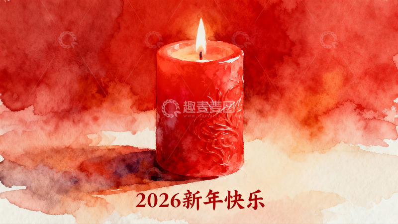 高清大图下载【趣麦麦图】红色蜡烛新年祝福水彩画