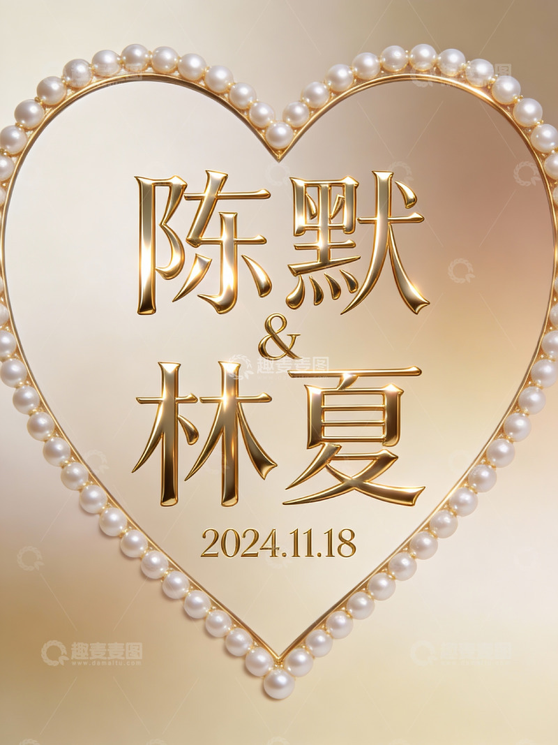 高清大图下载【趣麦麦图】金色心形珍珠边框婚礼海报