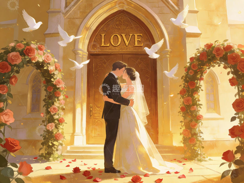 高清大图下载【趣麦麦图】新人在教堂前拥抱亲吻