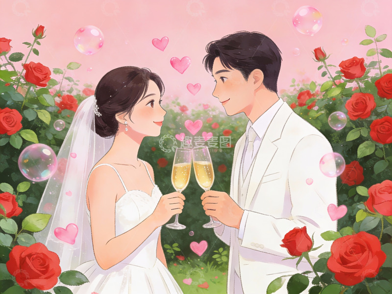 高清大图下载【趣麦麦图】新人在玫瑰花园举杯庆祝