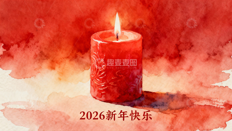 高清大图下载【趣麦麦图】红色蜡烛新年祝福水彩画