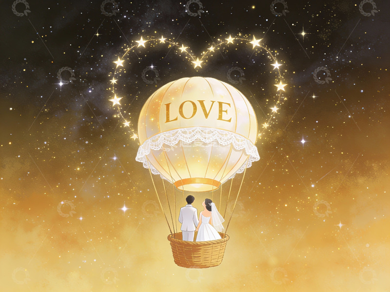 高清大图下载【趣麦麦图】情侣乘热气球仰望星空