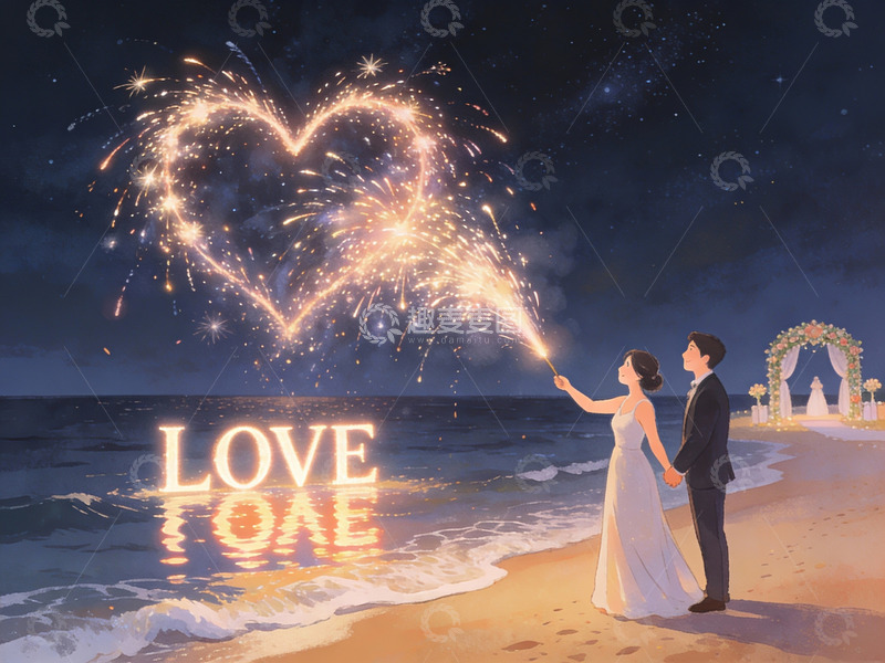 高清大图下载【趣麦麦图】海滩婚礼烟花心形
