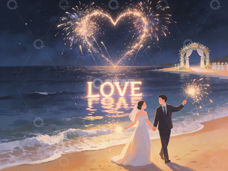 高清大图下载【趣麦麦图】海滩婚礼烟花浪漫场景