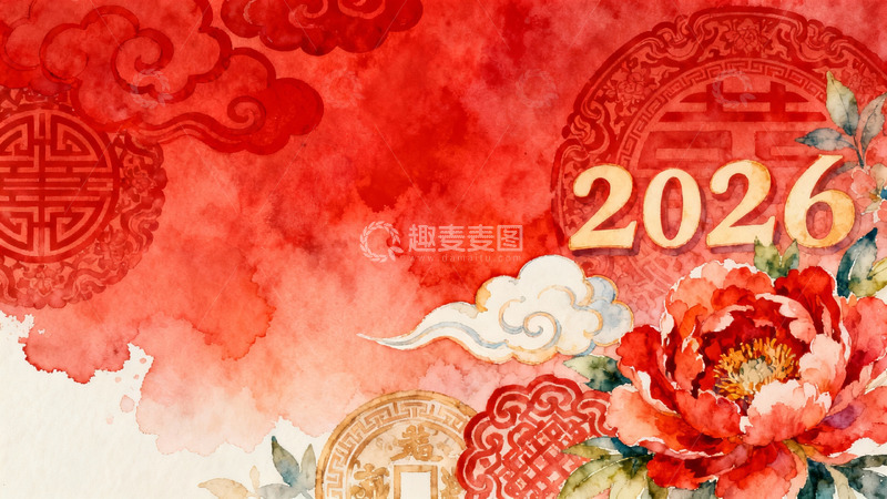 高清大图下载【趣麦麦图】2026新年红色花卉装饰画