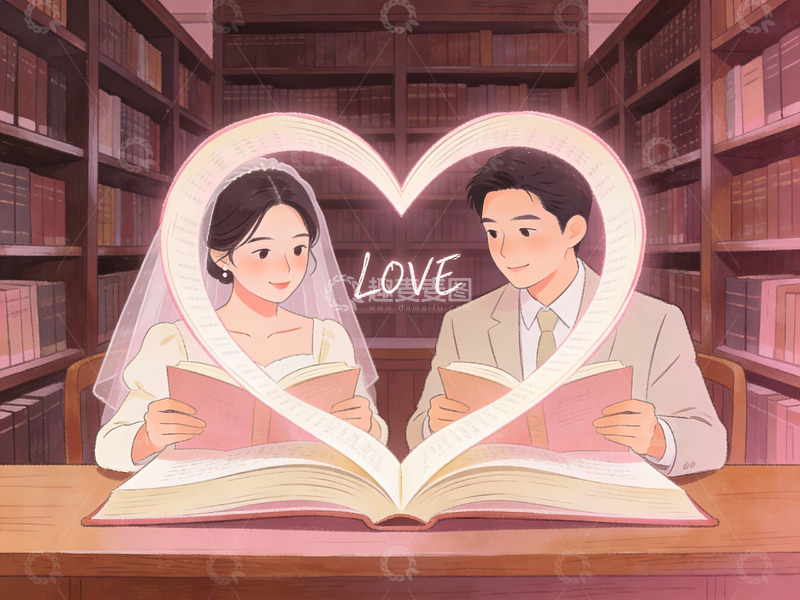 高清大图下载【趣麦麦图】图书馆中读书的新人夫妇