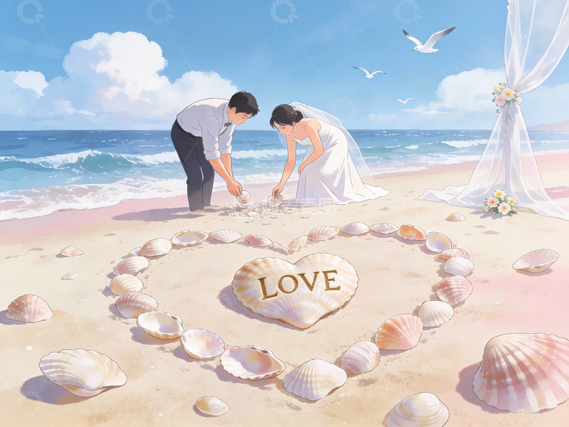 高清大图下载【趣麦麦图】沙滩上的情侣用贝壳拼心形