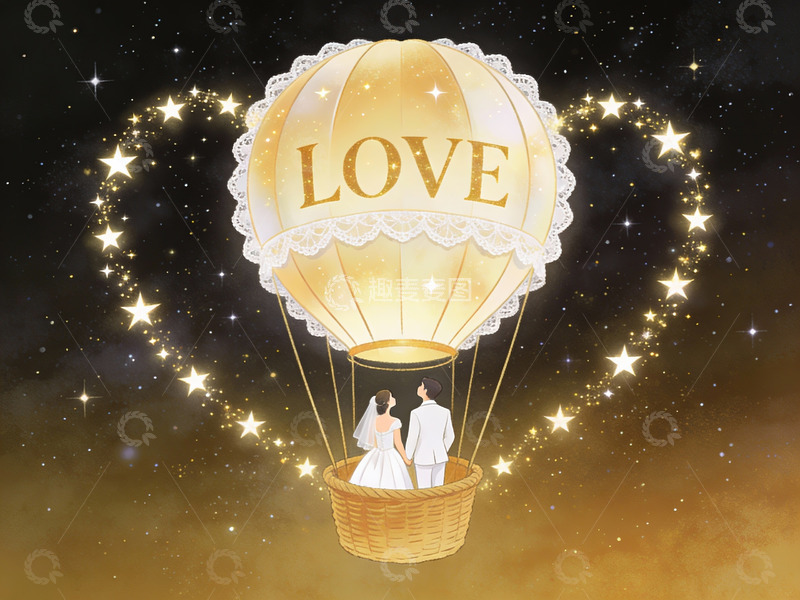 高清大图下载【趣麦麦图】热气球上的情侣浪漫场景