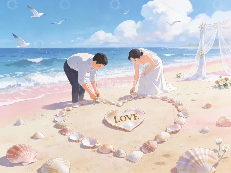 高清大图下载【趣麦麦图】沙滩上用贝壳拼心形图案