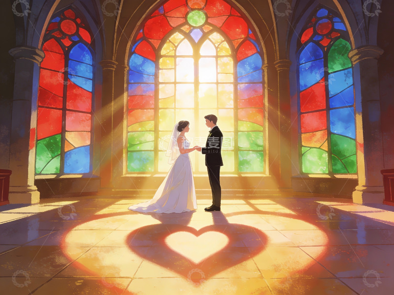 高清大图下载【趣麦麦图】教堂内新人相拥的光影画面