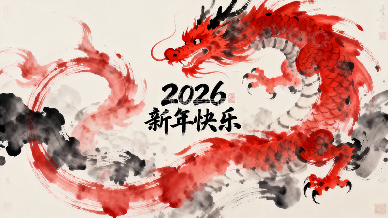 高清大图下载【趣麦麦图】红色龙年水墨画新年祝福