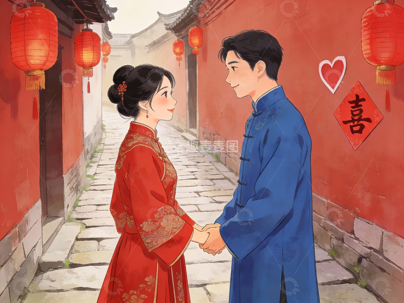 高清大图下载【趣麦麦图】传统服饰情侣巷中牵手