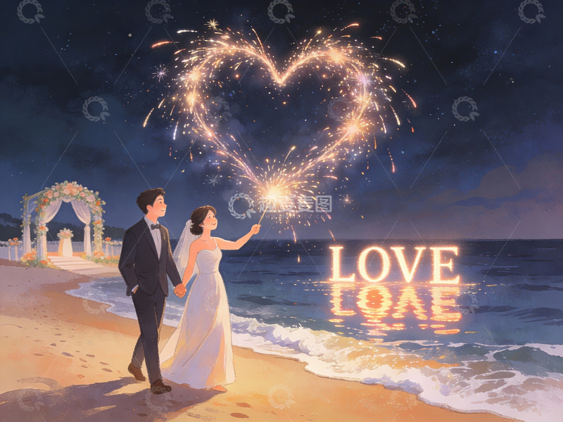 高清大图下载【趣麦麦图】海滩婚礼烟火心形